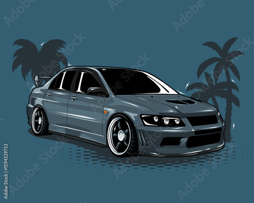 Vector illustration sport japan car JDM style - dark green color with palms in the background
