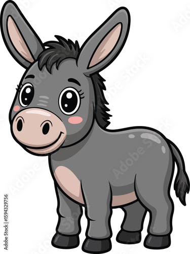 Gray donkey standing with a smile on its face, with large eyes and perky ears. Transparent png vector