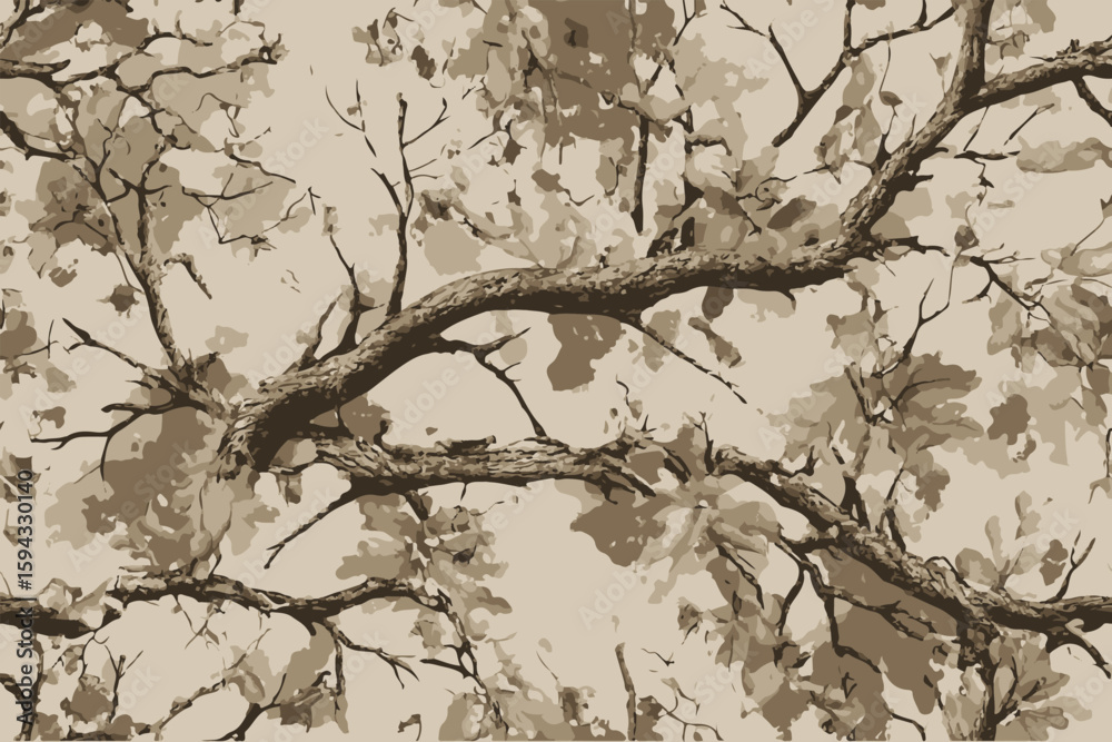 An ultra-realistic vector pattern featuring branches in camouflage tones of brown, gray, and beige.Forest real tree camouflage design. Hunting camouflage. Army hunting camouflage background.