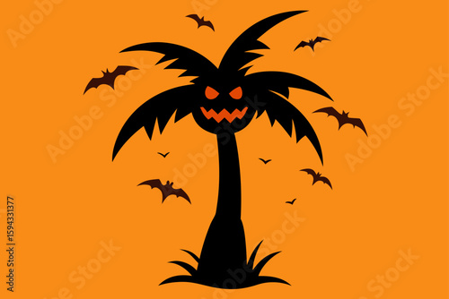 a watermelon with a ghostly face in a tropical forest vector illustration