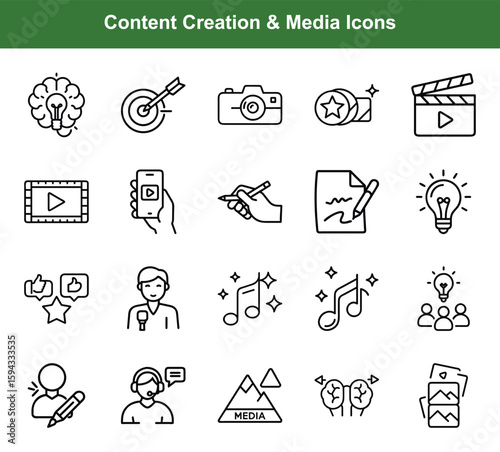 Content Creation & Media Icons – 20 Editable Line Creative Vector Symbols