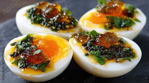 Halved hard-boiled eggs topped with a flavorful garnish.