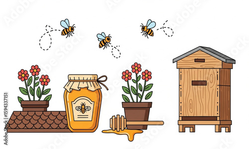 Honey Jar, Hive and Bees with Flowers | Honeycomb Production Cartoon Illustration for Beekeeper, Agriculture, Healthy Food Marketing and Honey Product Packaging