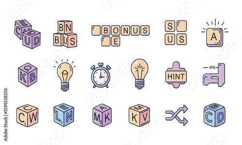 Word Game Elements Vector Illustration Set | Colorful Cartoon Icons for Vocabulary Learning, Puzzle Design, and Education