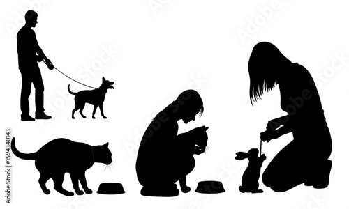 Set of black pet care silhouettes featuring owners with dog, cat, and rabbit, isolated vector illustration. isolated PNG with Transparent Background