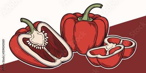 Red bell peppers, whole and sliced, displayed on dark red  white background as a set or group vector illustration.