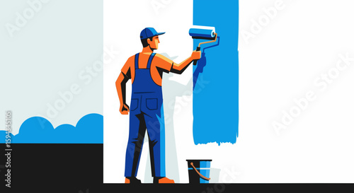 Painter Applying Blue Paint on Wall with Paint Roller for Home Renovation Blogs, DIY Websites, Interior Design Content, and Construction Awareness  