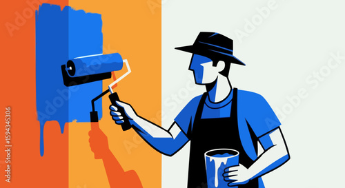 Painter Applying Blue Paint with Roller on Wall for Home Renovation Blogs, DIY Websites, Interior Design Projects, and Painting Tips Articles  