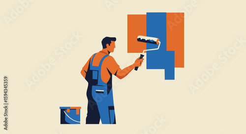 Painter Applying Color to Wall with Roller in Home Environment for DIY Projects, Home Renovation Blogs, Interior Design Websites, and Home Improvement Content  
