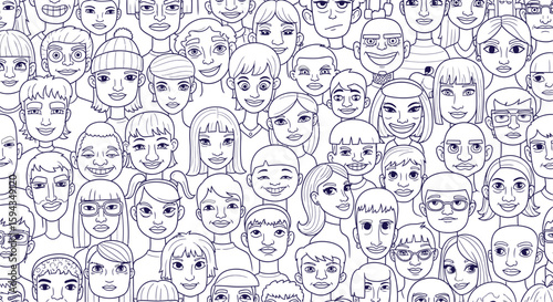 A dense collection of diverse hand-drawn faces, illustrating a multitude of expressions and ages.
