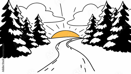 Winter landscape road trip with pine trees and sunset vector illustration for travel and nature lovers