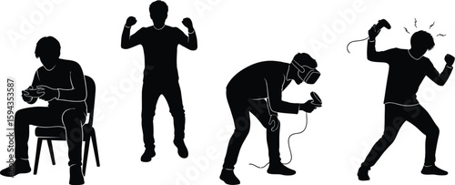 Vector art of silhouettes of gamers playing video games