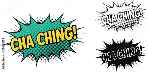Cha ching vector illustration set for comic book speech bubble effect and money sound for business success editable