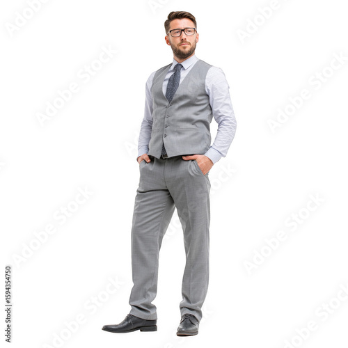 A man in a gray suit and vest stands in front of a white background