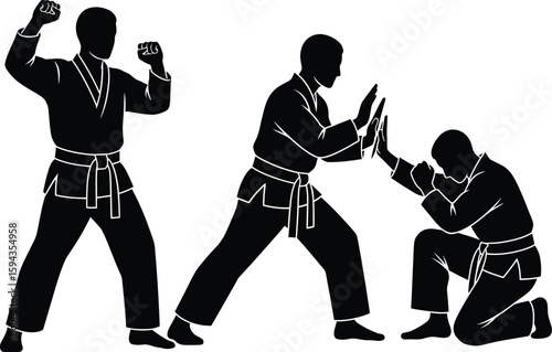 Vector art of three martial artists are practicing karate moves