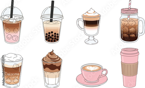 Iced coffee drinks collection: dalgona coffee, latte, boba tea and more coffee drinks illustration editable