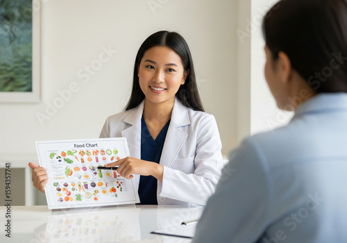 Fototapeta Naklejka Na Ścianę i Meble -  Doctor and patient reviewing healthy food chart. Informative medical or nutritional articles, blog posts, flyers, social media posts on healthy eating habits.