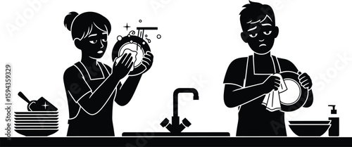Vector art of illustrations of a man and woman reluctantly washing dishes in the kitchen sink, depicting the chore of housework