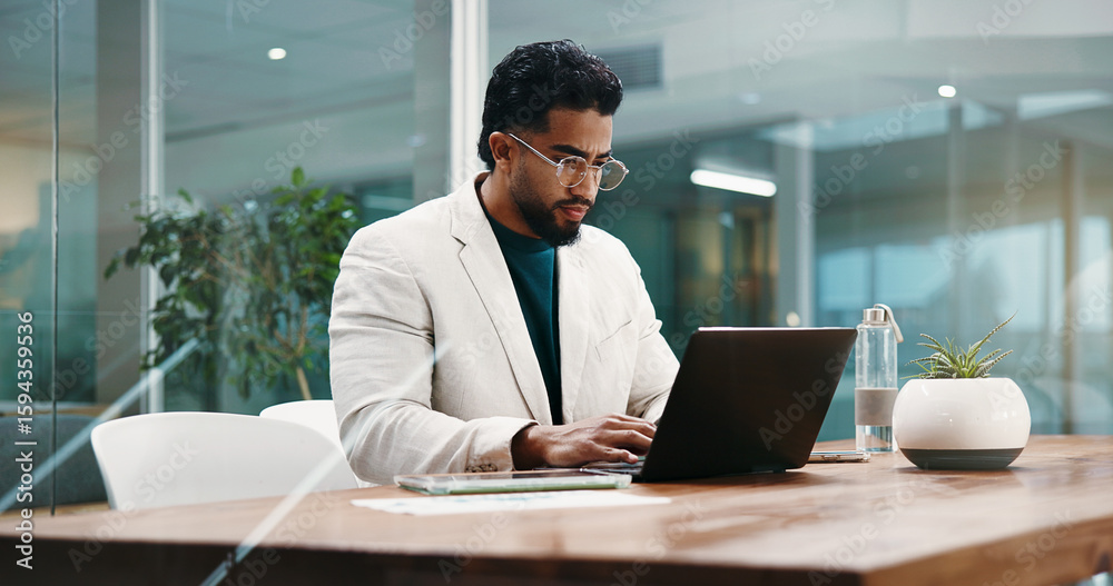 Obraz premium Businessman, laptop and typing for planning, feedback and schedule in office. Employee, HR manager and person with computer, thinking and project management for research proposal or report review