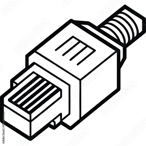 Detailed line drawing illustration of an rj45 ethernet connector plug showcasing its internal pins and protective boot for network cable termination