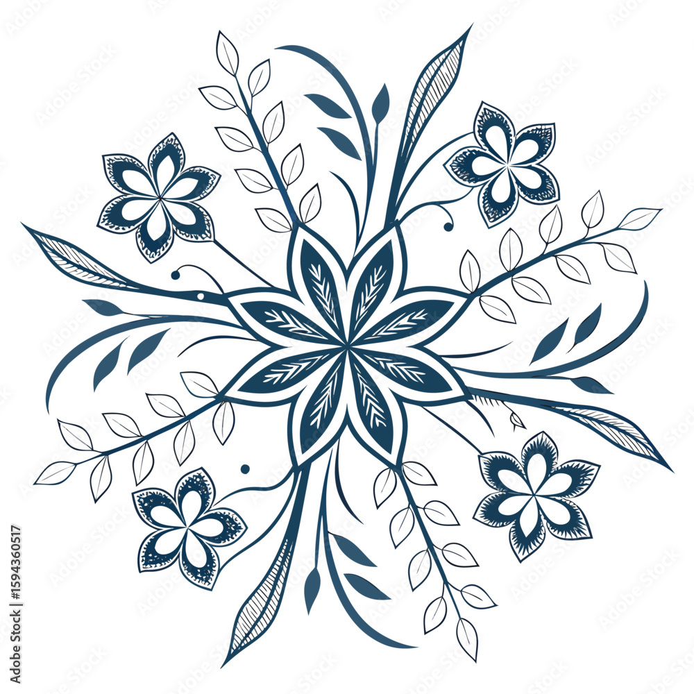 Fototapeta premium Abstract floral snowflake with thin silver lines and pastel blue, for creative winter visuals.