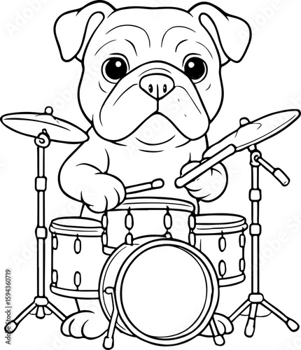 Bulldog Playing Drums Line Drawing – Cute Dog Musical Coloring Page Illustration