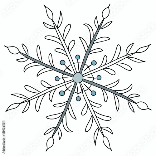 Beautiful blossom snowflake with thin silver lines and soft blue, for delicate winter art.