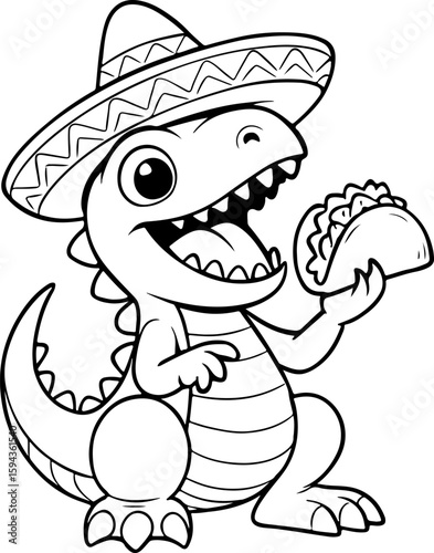 Cartoon Dinosaur Wearing Sombrero and Holding Taco Coloring Page – Fun Kids Illustration