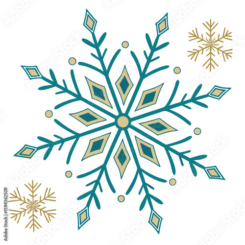 Crystal snowflake with clean lines and varied sizes in teal, for elegant winter visuals.
