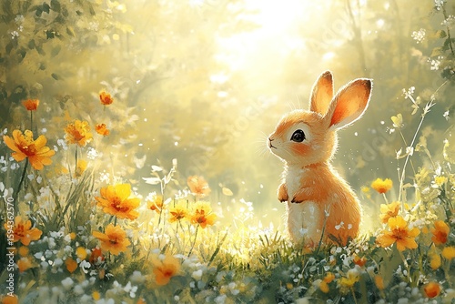 Lovely watercolor illustration of a group of playful woodland animals at play in a sunlit enchanted forest, surrounded by lush greenery and warm golden sunlight.