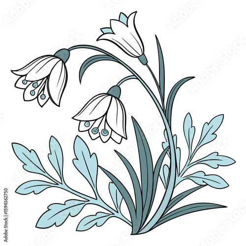 Detailed blossom snowflake in pastel blue and silver with clean lines, for delicate winter art.