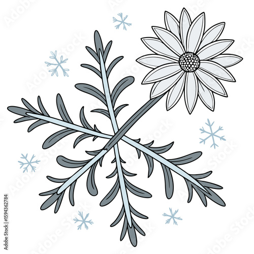 Detailed daisy snowflake in pastel blue and silver with clean lines, for charming winter designs.