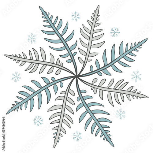 Detailed fern snowflake in pastel blue and silver with clean lines, for subtle winter themes.