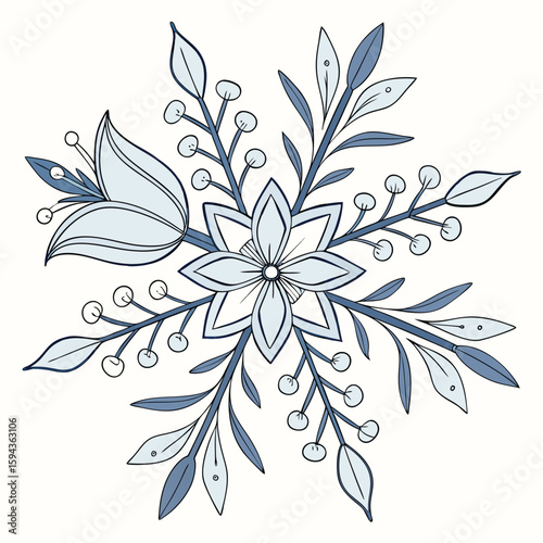 Detailed flower snowflake in pastel blue and silver, with clean lines for pretty winter art.