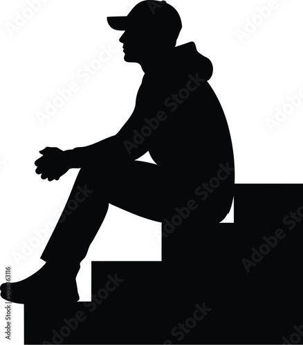 Vector art of silhouette of a man sitting stairs in a hoodie and cap