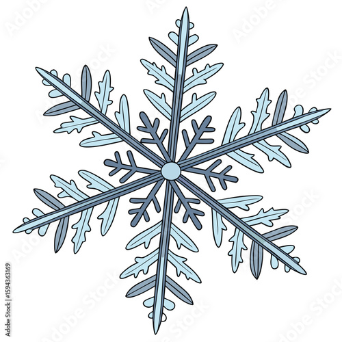 Detailed leaf snowflake in pastel blue and silver with clean lines, for natural winter decor.