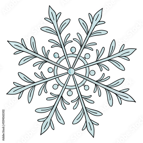 Detailed petal snowflake in pastel blue and silver with clean lines, for elegant winter designs.