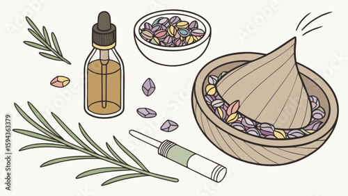 Aromatherapy essential oil diffuser with rosemary and crystals for holistic wellness and relaxation therapy