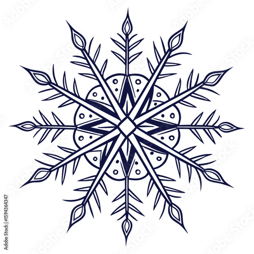 Complex detailed mandala snowflake with thin lines, for sophisticated winter designs.