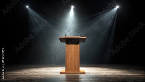Minimalist wooden podium under spotlight on dark stage with copy space.