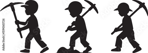 Silhouetted Figures Holding Pickaxes in Varied Labor Poses Including Walking, Standing, and Crouching for Manual Work Tribute Graphic Design
