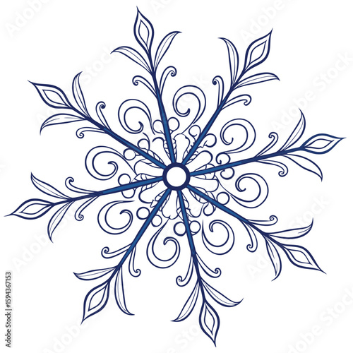 Detailed symmetrical snowflake with a flowing design, isolated for elegant winter visuals.