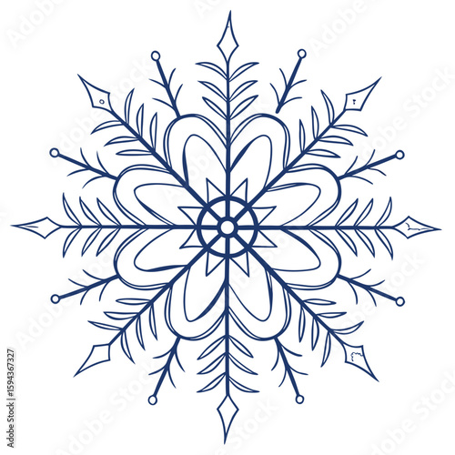 Elegant mandala snowflake with thin lines and ornate form, perfect for detailed winter art.