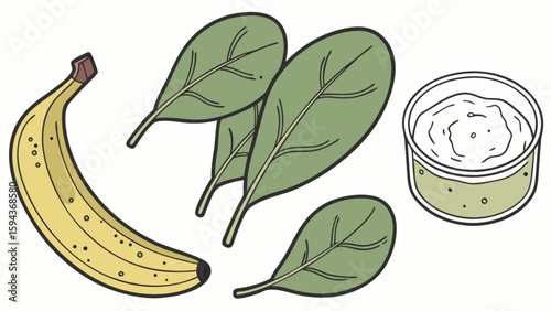Banana spinach smoothie recipe illustration for healthy eating and vegan diet concept art design