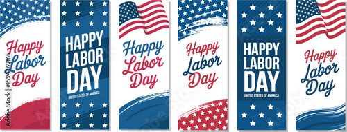 Set of Five Vertical “Happy Labor Day” Banners Featuring American Flag Motifs, Stars, and Bold Typography in Red, White, and Blue for Patriotic Holiday Celebration Visual Design