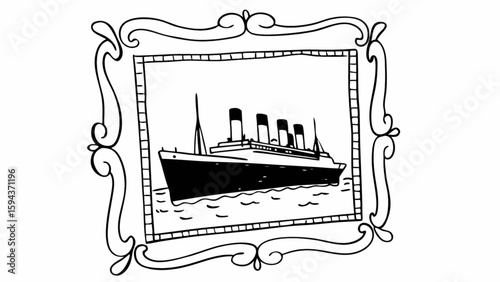 Vintage framed titanic ship illustration drawing ocean liner travel history maritime disaster artwork sketch