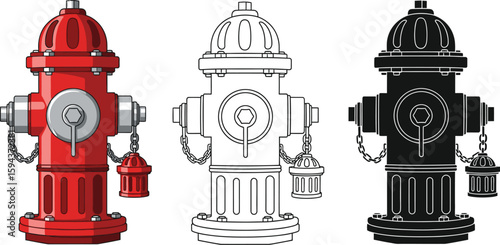 Fire hydrant vector illustration set, red, outline, and black, public safety equipment, street fixture editable