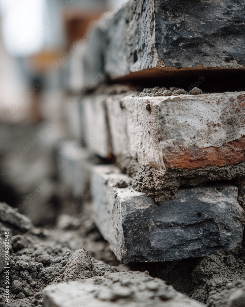 Fototapeta premium Brickwork in Progress: A close-up of a brick wall under construction, with freshly laid bricks and mortar. Emphasizing the textures and the craft of construction.