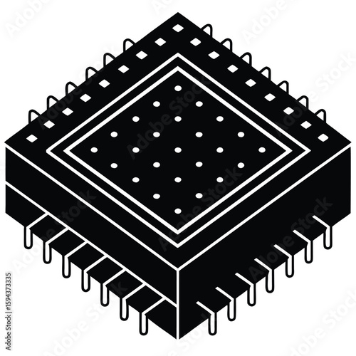 Detailed isometric illustration of a black microprocessor chip with numerous pins symbolizing advanced technology and computing power