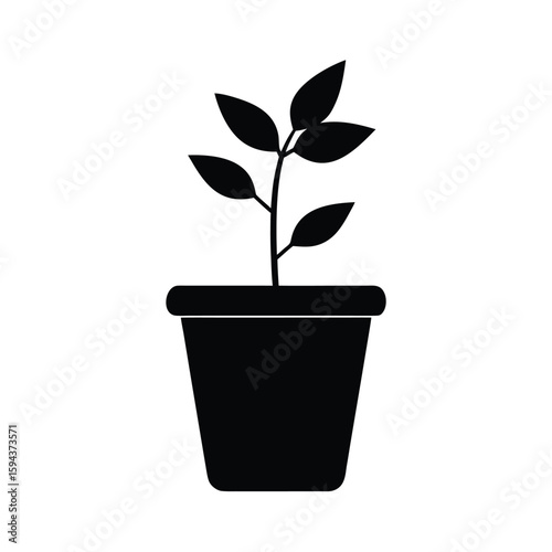 Flower pot with plant silhouette minimalist indoor gardening icon on white background